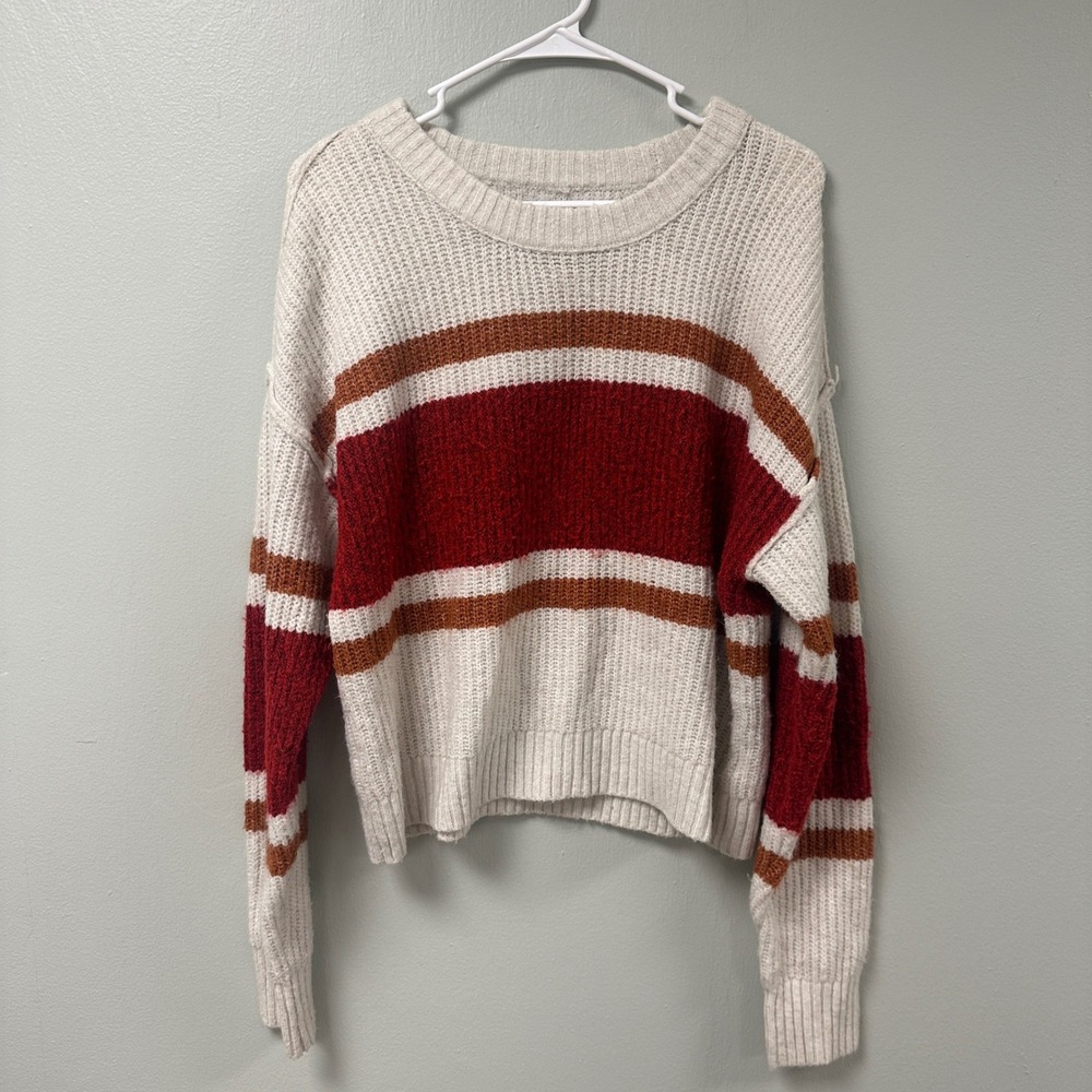 American Eagle Womens Medium Striped Crewneck Sweater Cream Red Rust Oversized